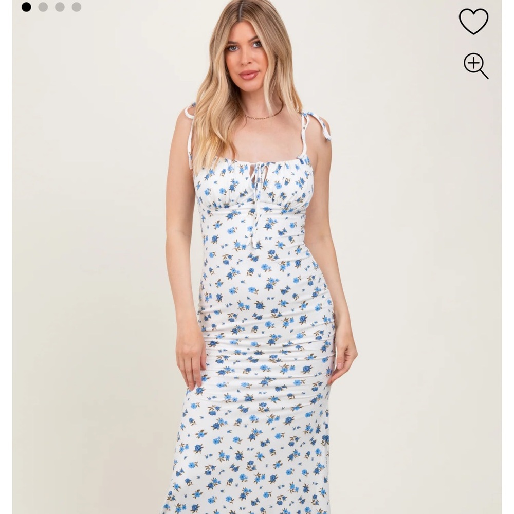 Pinkblush Blue Ribbed Floral Shoulder Tie Maxi Dress